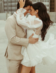 Wholesale Reception Little White Dresses Wedding Dresses A-Line High Neck Long Sleeve Short / Mini Organza Bridal Gowns With Pick Up Skirt