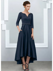 Aimishang  A-Line Mother of the Bride Dress Elegant High Low V Neck Asymmetrical Ankle Length Satin Half Sleeve with Pleats