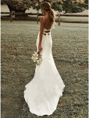 Wholesale Beach Simple Simple Wedding Dresses Sheath / Column Square Camisole Spaghetti Strap Sweep / Brush Train Stretch Fabric Bridal Gowns With Ruched Split Front