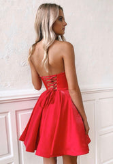 Red Strapless Short Prom Dresses, A-Line Mini Red Dresses