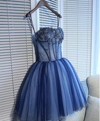 Charmant en dentelle bleue en tulle une robe de bal courte de ligne, robe de retour à la maison