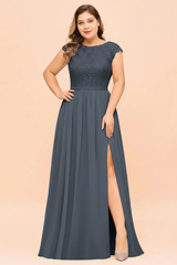 Plus Size Bridesmaid Dress Lace with Split Cap Sleeves Chiffon Wedding Guest Dress
