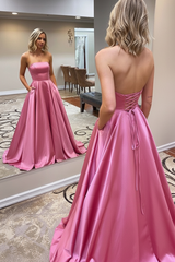 Strapless Backless Emerald Green Long Prom Dress with Pocket Satin Formal Dress
