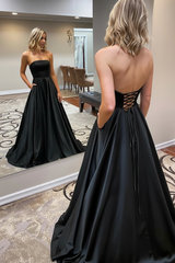 Strapless Backless Emerald Green Long Prom Dress with Pocket Satin Formal Dress