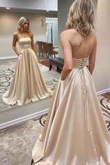 Strapless Backless Emerald Green Long Prom Dress with Pocket Satin Formal Dress