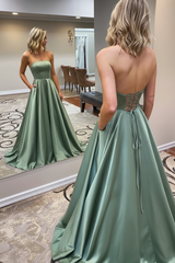 Strapless Backless Emerald Green Long Prom Dress with Pocket Satin Formal Dress