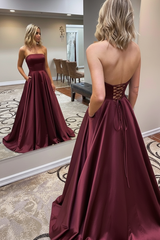 Strapless Backless Emerald Green Long Prom Dress with Pocket Satin Formal Dress