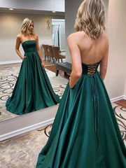 Strapless Backless Emerald Green Long Prom Dress with Pocket Satin Formal Dress