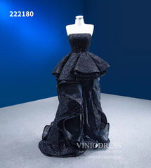 Strapless Beaded Black Ruffle Pageant Dress High-Low Prom Gown with Corset Back 222180