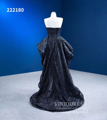 Strapless Beaded Black Ruffle Pageant Dress High-Low Prom Gown with Corset Back 222180