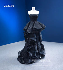 Strapless Beaded Black Ruffle Pageant Dress High-Low Prom Gown with Corset Back 222180