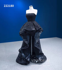 Strapless Beaded Black Ruffle Pageant Dress High-Low Prom Gown with Corset Back 222180