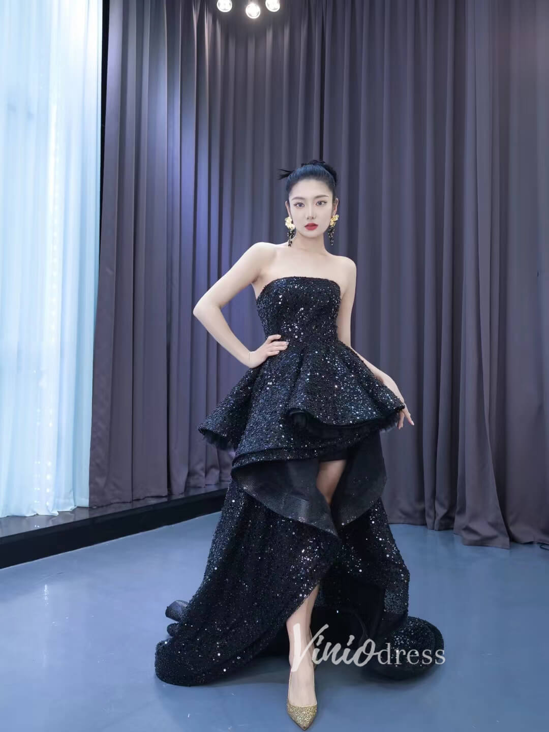 Strapless Beaded Black Ruffle Pageant Dress High-Low Prom Gown with Corset Back 222180