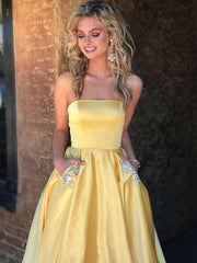 Strapless Beading Satin Evening Party Dresses With Pockets