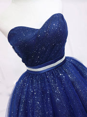 Robes de bal courtes bleu foncé sans bretelles, courtes robes de remise des diplômes bleu foncé