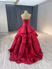 Strapless Dark Red Tiered Ball Gown Prom Dress Ruffled Lace Wedding Dresses 241120