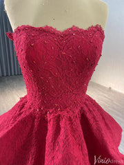 Strapless Dark Red Tiered Ball Gown Prom Dress Ruffled Lace Wedding Dresses 241120