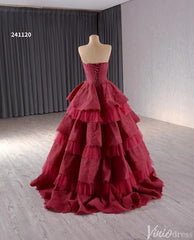 Strapless Dark Red Tiered Ball Gown Prom Dress Ruffled Lace Wedding Dresses 241120