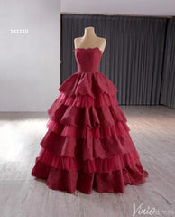 Strapless Dark Red Tiered Ball Gown Prom Dress Ruffled Lace Wedding Dresses 241120