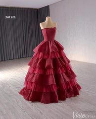 Strapless Dark Red Tiered Ball Gown Prom Dress Ruffled Lace Wedding Dresses 241120