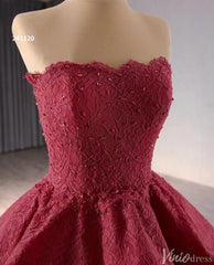 Strapless Dark Red Tiered Ball Gown Prom Dress Ruffled Lace Wedding Dresses 241120