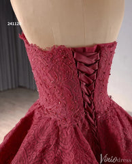 Strapless Dark Red Tiered Ball Gown Prom Dress Ruffled Lace Wedding Dresses 241120