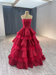 Strapless Dark Red Tiered Ball Gown Prom Dress Ruffled Lace Wedding Dresses 241120