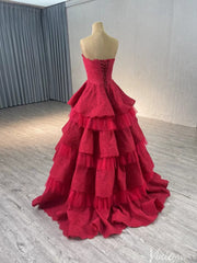 Strapless Dark Red Tiered Ball Gown Prom Dress Ruffled Lace Wedding Dresses 241120