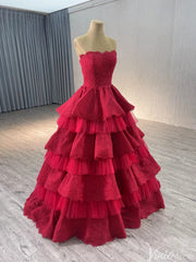 Strapless Dark Red Tiered Ball Gown Prom Dress Ruffled Lace Wedding Dresses 241120