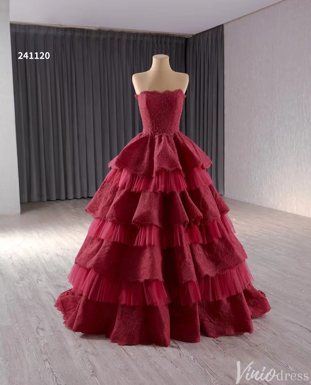 Strapless Dark Red Tiered Ball Gown Prom Dress Ruffled Lace Wedding Dresses 241120