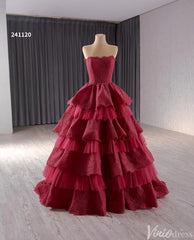 Strapless Dark Red Tiered Ball Gown Prom Dress Ruffled Lace Wedding Dresses 241120