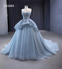 Strapless Dusty Blue Tulle Sweet 16 Ball Gowns Wedding Dresses 231064