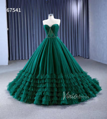 Strapless Emerald Green Ruffle Tulle Wedding Dresses Ruffled Pageant Gown 67541