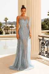 Exquisite Sequined Prom Gown Applique Beadings Mermaid Evening Dress with Feather