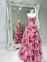 Strapless Floral Chiffon Tiered Prom Dress with Slit & Lace Sweetheart Neckline – Style FD3733