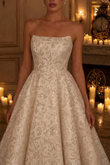 Strapless Satin High-Low Wedding Dress Backless Aline Bridal Dress with Sequins