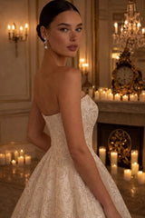 Strapless Satin High-Low Wedding Dress Backless Aline Bridal Dress with Sequins