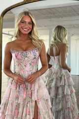 Strapless Floral Tulle Aline Evening Dress Front Split Corset Prom Dress