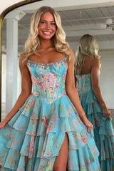 Strapless Floral Tulle Aline Evening Dress Front Split Corset Prom Dress