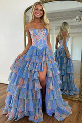 Strapless Floral Tulle Aline Evening Dress Front Split Corset Prom Dress