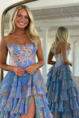 Strapless Floral Tulle Aline Evening Dress Front Split Corset Prom Dress