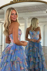 Strapless Floral Tulle Aline Evening Dress Front Split Corset Prom Dress