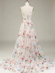 Strapless Floral Tulle Prom Dresses 2025 A-Line Lace Up Back Formal Dresses - FD5310