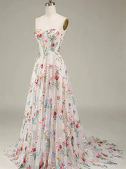 Strapless Floral Tulle Prom Dresses 2025 A-Line Lace Up Back Formal Dresses - FD5310