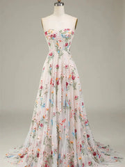Strapless Floral Tulle Prom Dresses 2025 A-Line Lace Up Back Formal Dresses - FD5310