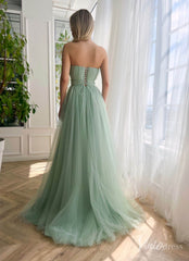 Strapless Green Tulle Prom Dresses with Slit Pleated Bodice Formal Dress with Pockets TO029