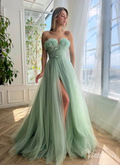 Strapless Green Tulle Prom Dresses with Slit Pleated Bodice Formal Dress with Pockets TO029