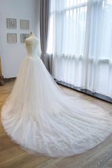 Noble strapless lace decal sheer off shoulder and floor length floor mopping wedding dress