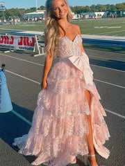 Strapless Lace Tiered Prom Dresses with Slit Sweetheart Neck Bow Tie Formal Dresses - FD3636f