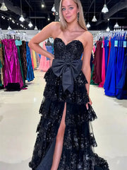Strapless Lace Tiered Prom Dresses with Slit Sweetheart Neck Bow Tie Formal Dresses - FD3636f